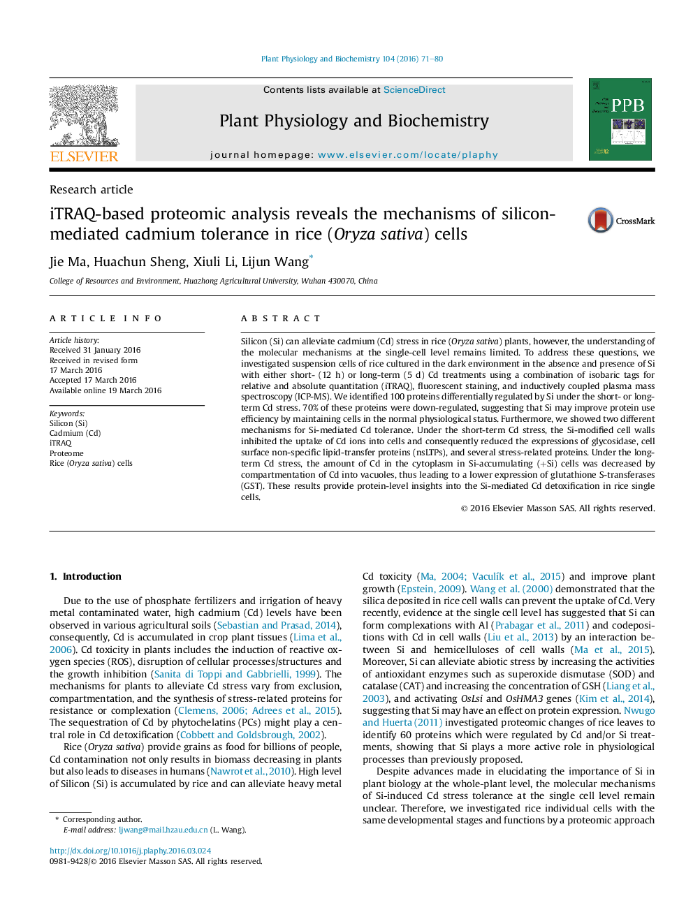 iTRAQ-based proteomic analysis reveals the mechanisms of silicon-mediated cadmium tolerance in rice (Oryza sativa) cells