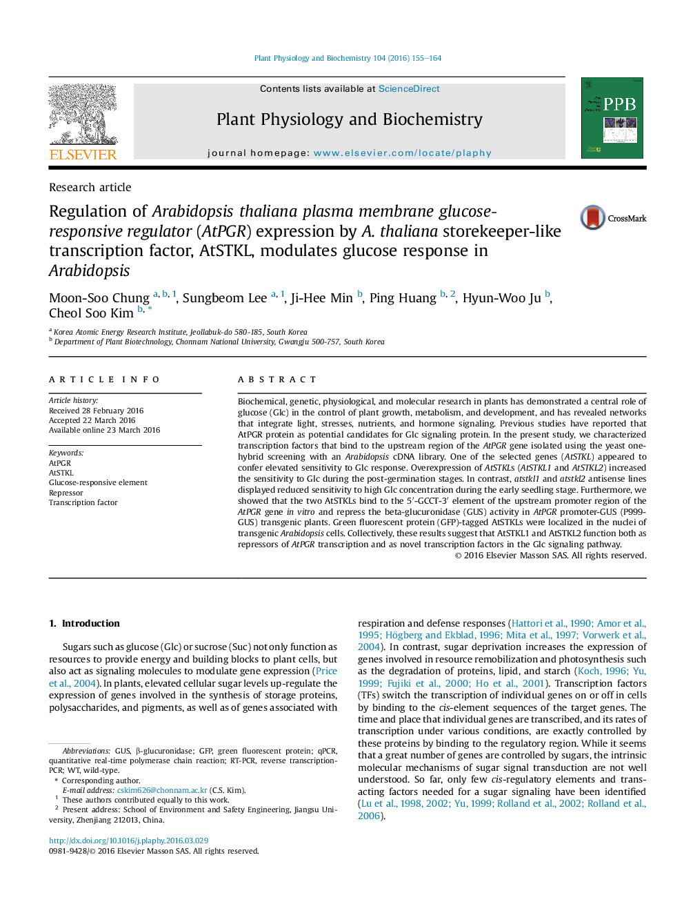 Regulation of Arabidopsis thaliana plasma membrane glucose-responsive regulator (AtPGR) expression by A. thaliana storekeeper-like transcription factor, AtSTKL, modulates glucose response in Arabidopsis