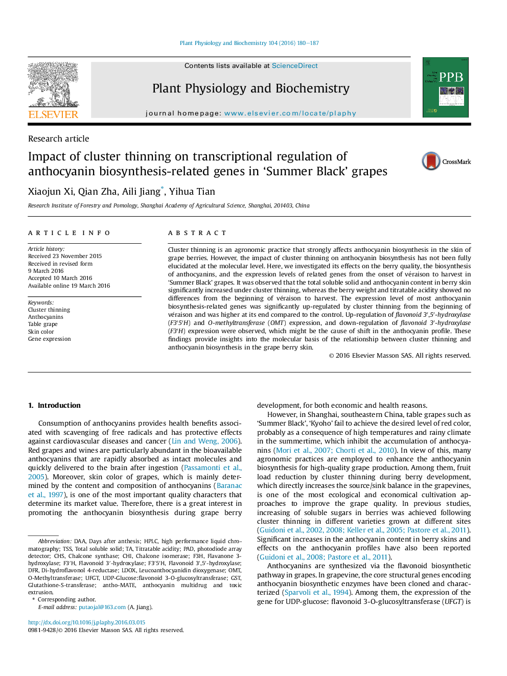 Impact of cluster thinning on transcriptional regulation of anthocyanin biosynthesis-related genes in ‘Summer Black’ grapes