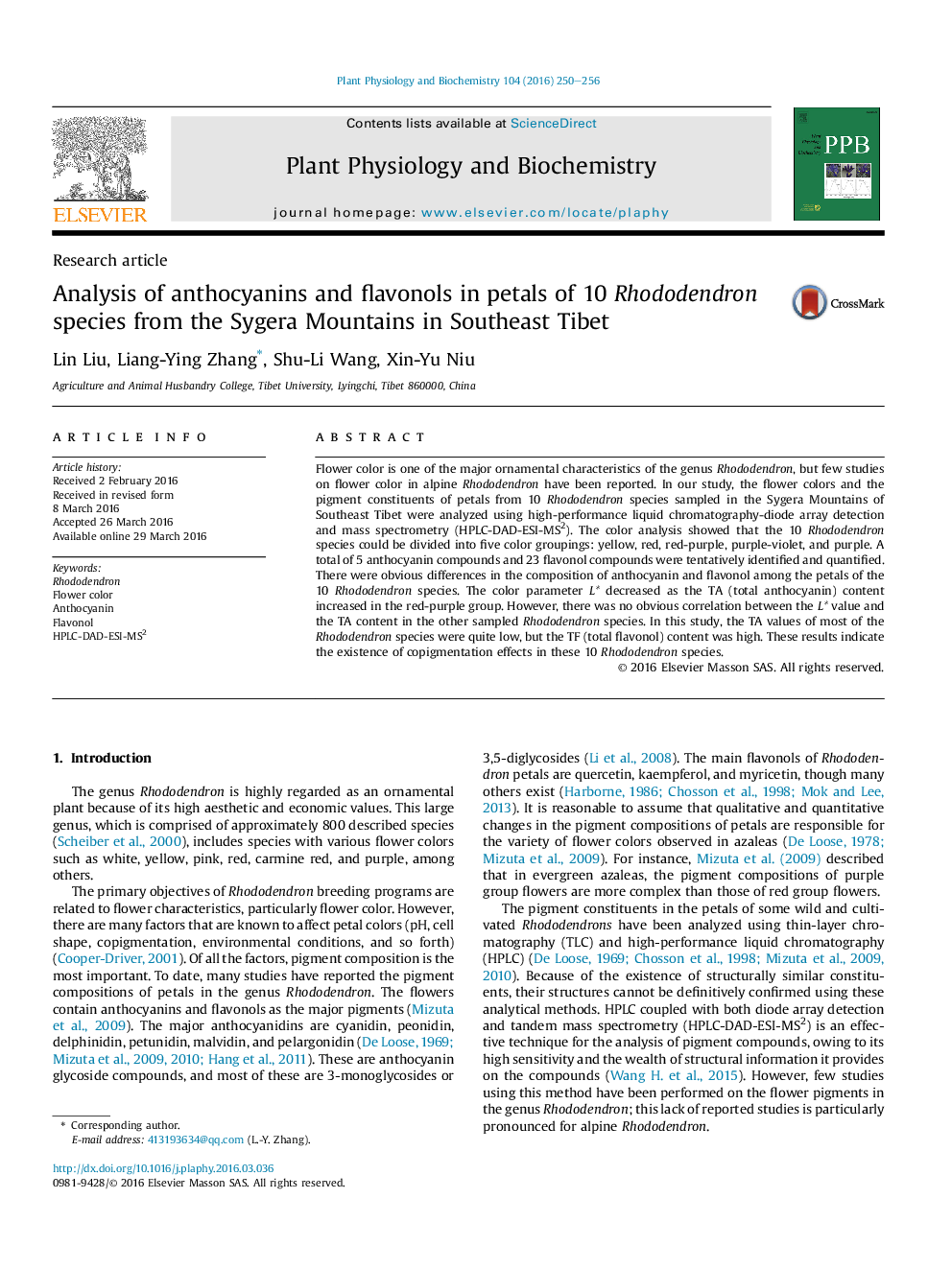 Analysis of anthocyanins and flavonols in petals of 10 Rhododendron species from the Sygera Mountains in Southeast Tibet