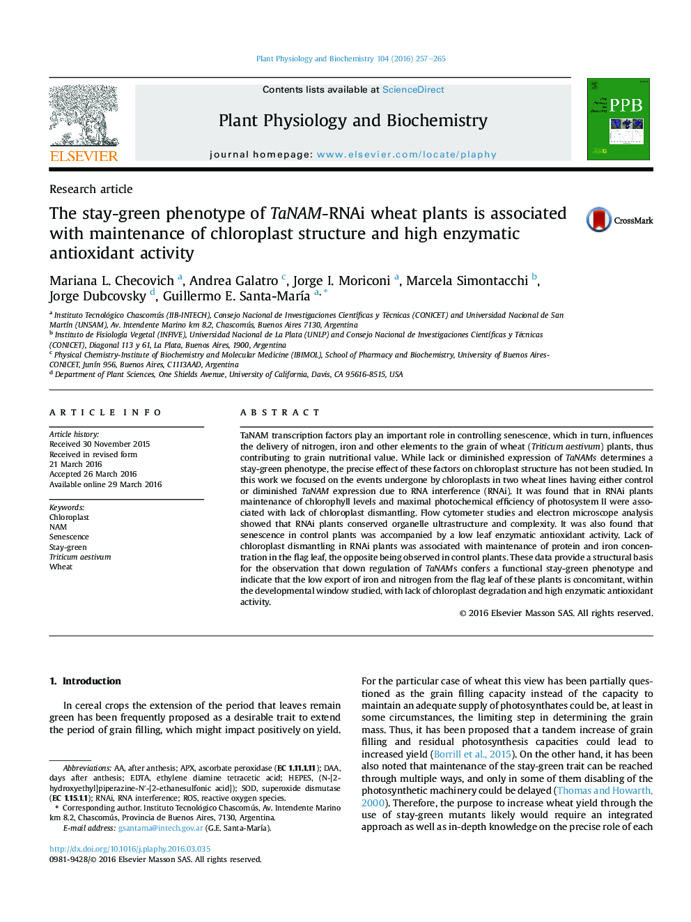 The stay-green phenotype of TaNAM-RNAi wheat plants is associated with maintenance of chloroplast structure and high enzymatic antioxidant activity