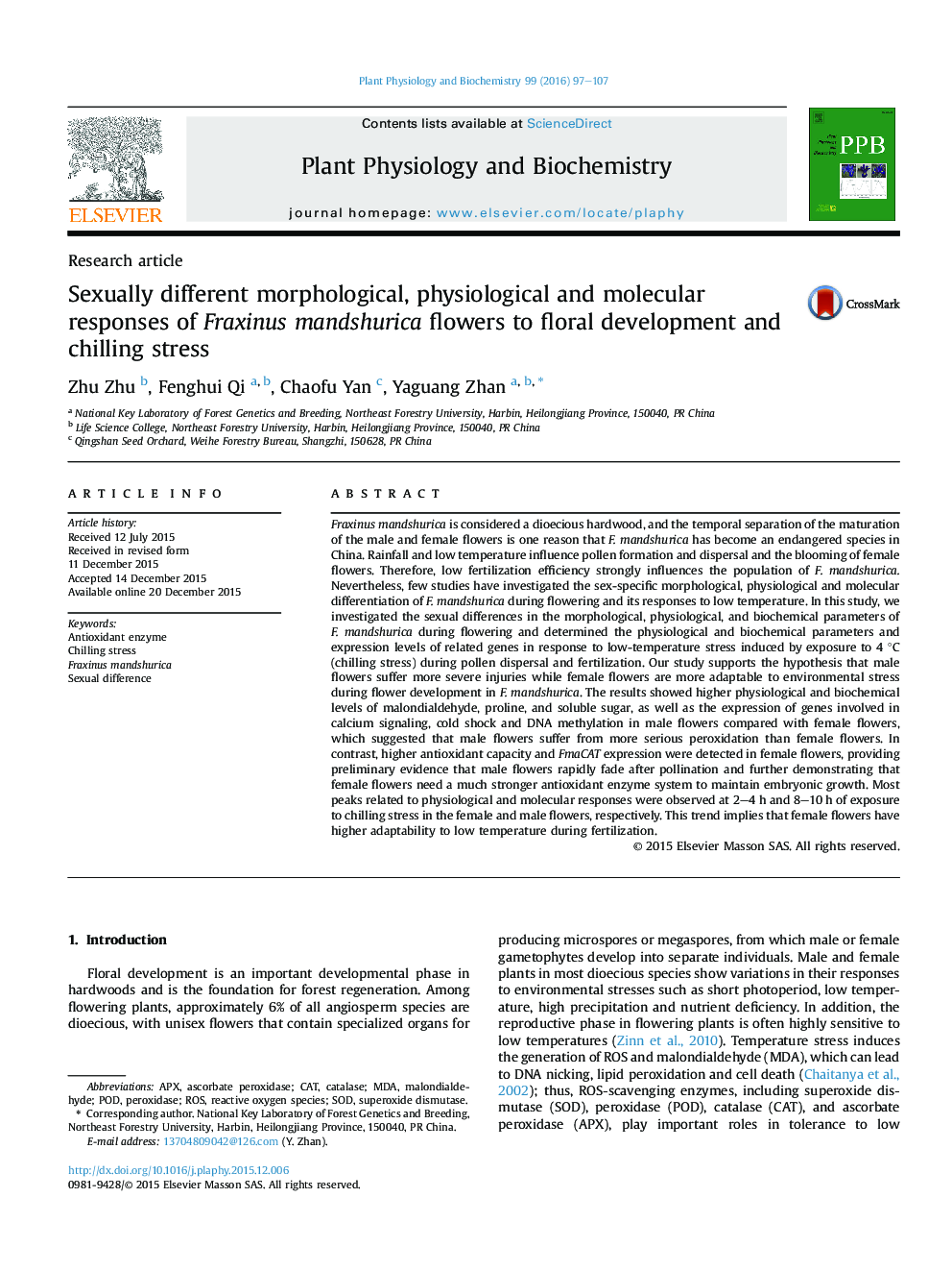 Sexually different morphological, physiological and molecular responses of Fraxinus mandshurica flowers to floral development and chilling stress