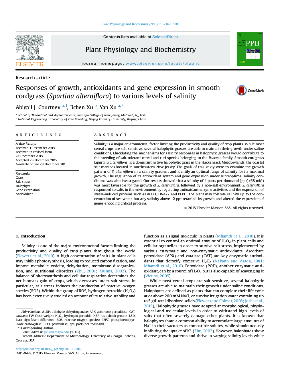 Responses of growth, antioxidants and gene expression in smooth cordgrass (Spartina alterniflora) to various levels of salinity