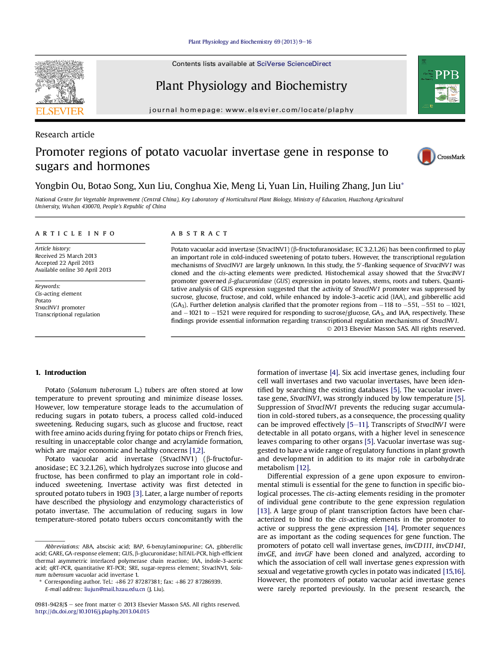 Promoter regions of potato vacuolar invertase gene in response to sugars and hormones