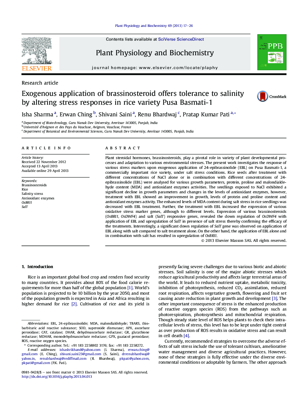 Exogenous application of brassinosteroid offers tolerance to salinity by altering stress responses in rice variety Pusa Basmati-1