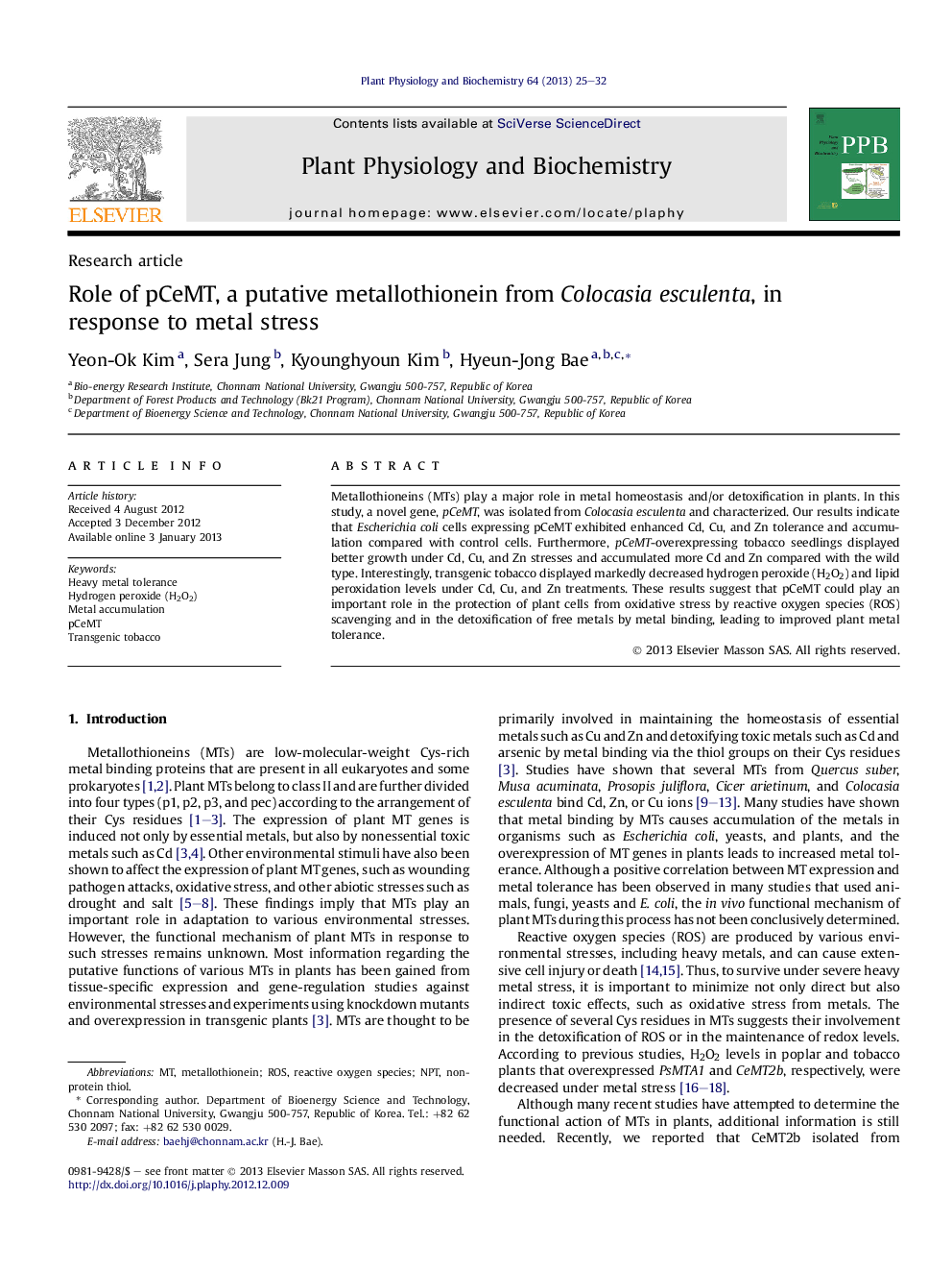 Role of pCeMT, a putative metallothionein from Colocasia esculenta, in response to metal stress