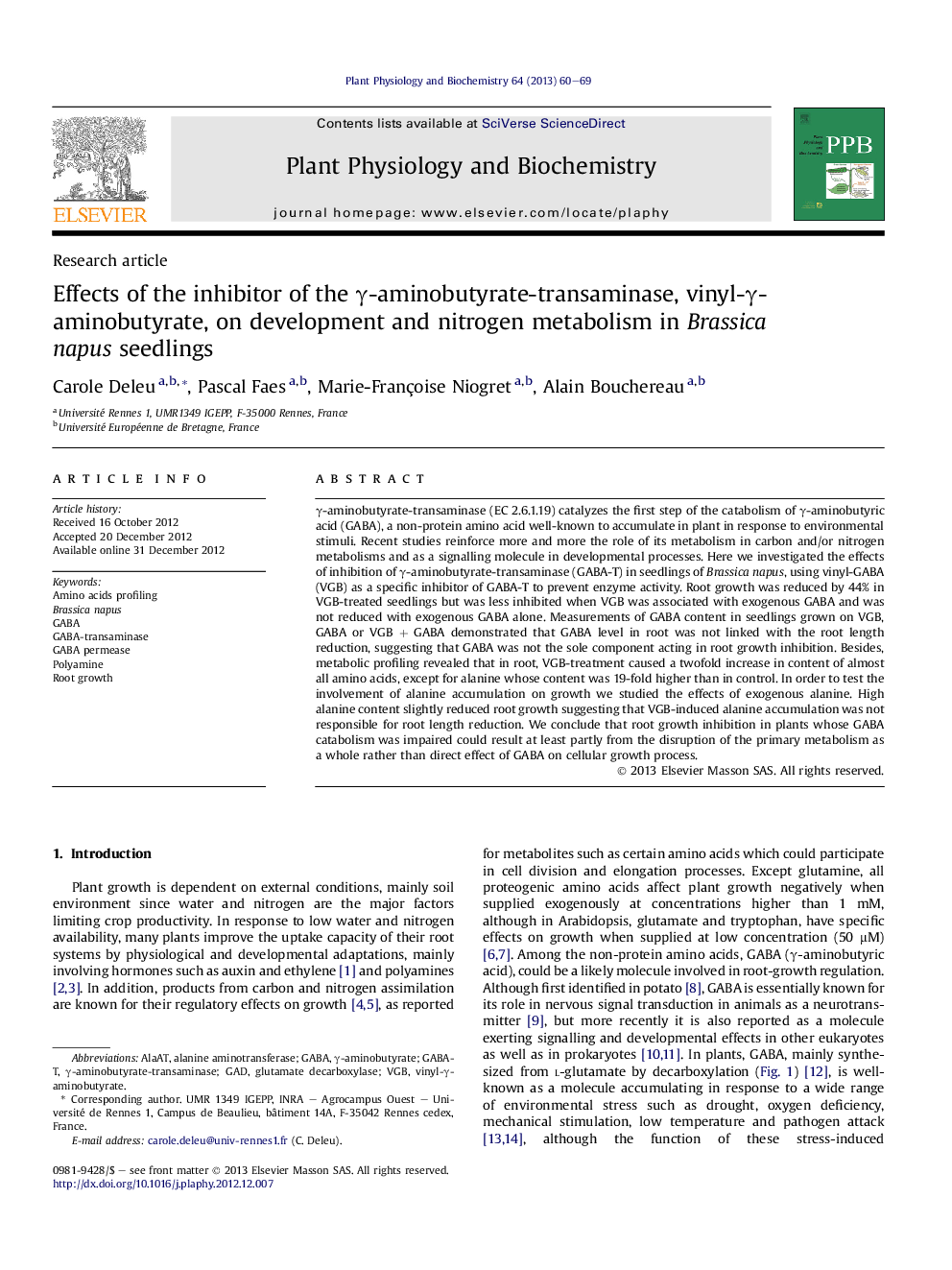 Effects of the inhibitor of the Î³-aminobutyrate-transaminase, vinyl-Î³-aminobutyrate, on development and nitrogen metabolism in Brassica napus seedlings