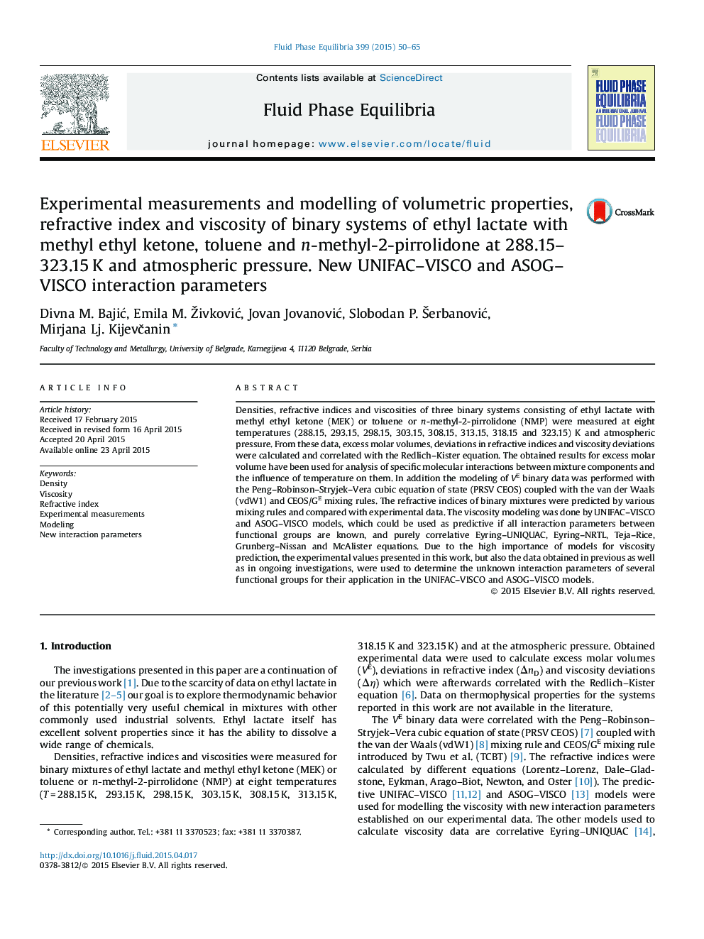 Experimental measurements and modelling of volumetric properties, refractive index and viscosity of binary systems of ethyl lactate with methyl ethyl ketone, toluene and n-methyl-2-pirrolidone at 288.15–323.15 K and atmospheric pressure. New UNIFAC–VISCO 