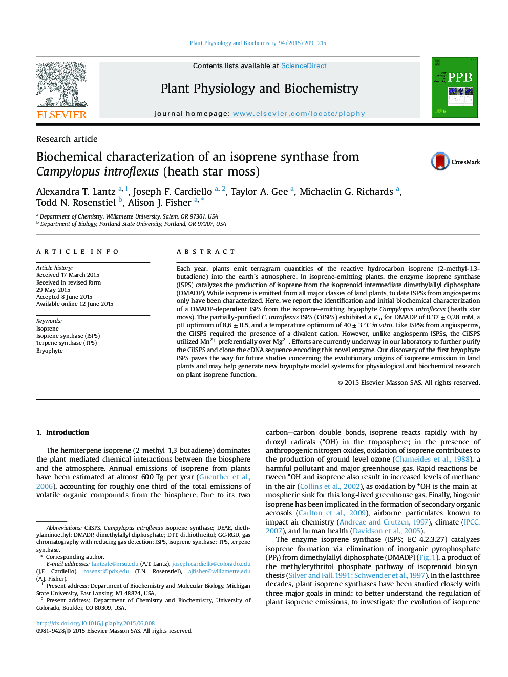 Biochemical characterization of an isoprene synthase from Campylopus introflexus (heath star moss)