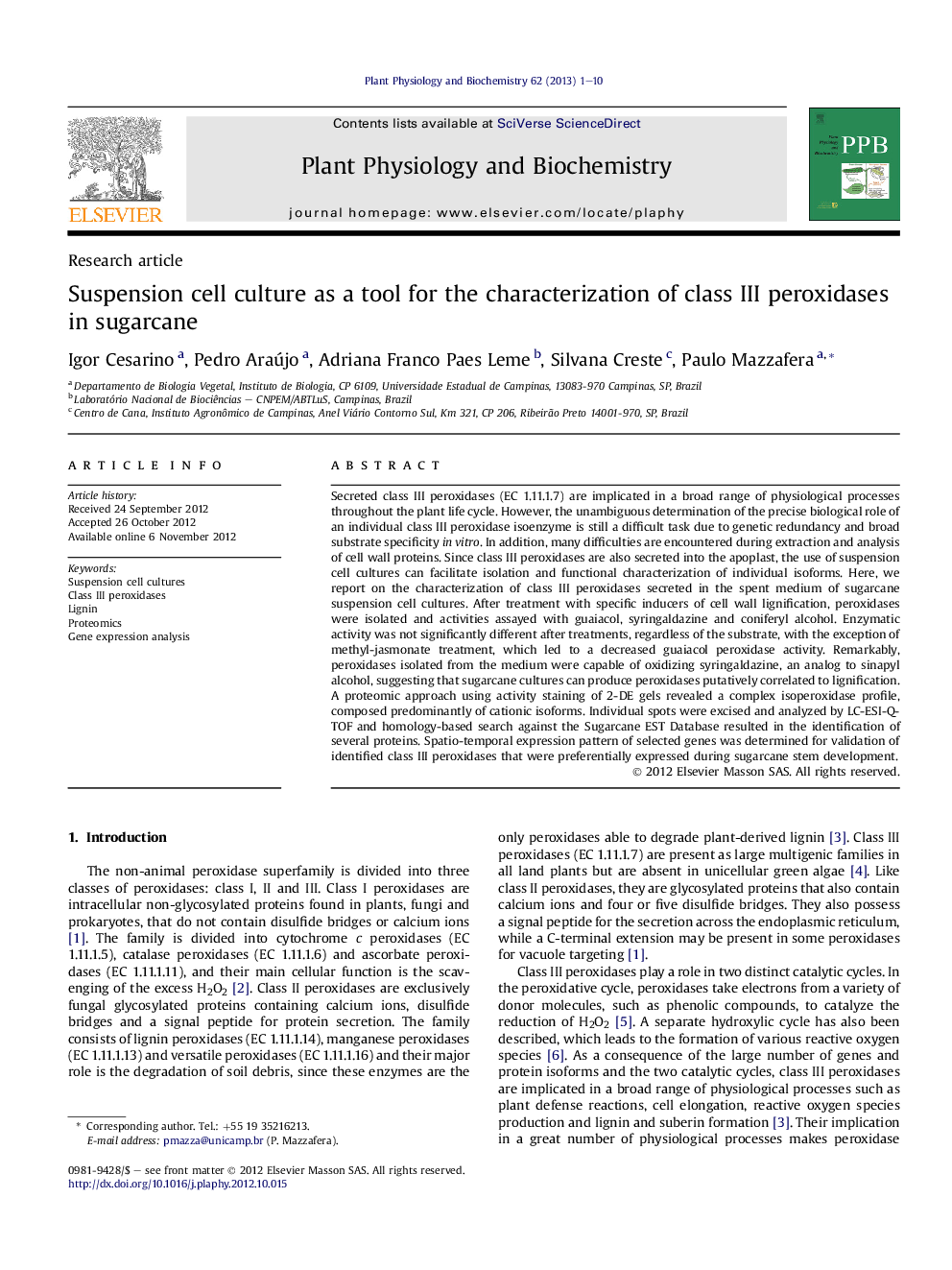 Suspension cell culture as a tool for the characterization of class III peroxidases in sugarcane