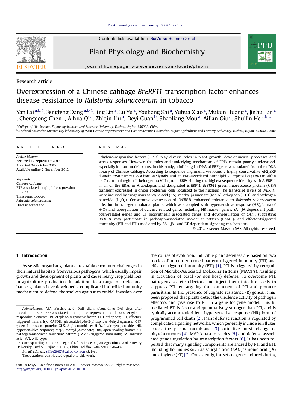 Overexpression of a Chinese cabbage BrERF11 transcription factor enhances disease resistance to Ralstonia solanacearum in tobacco