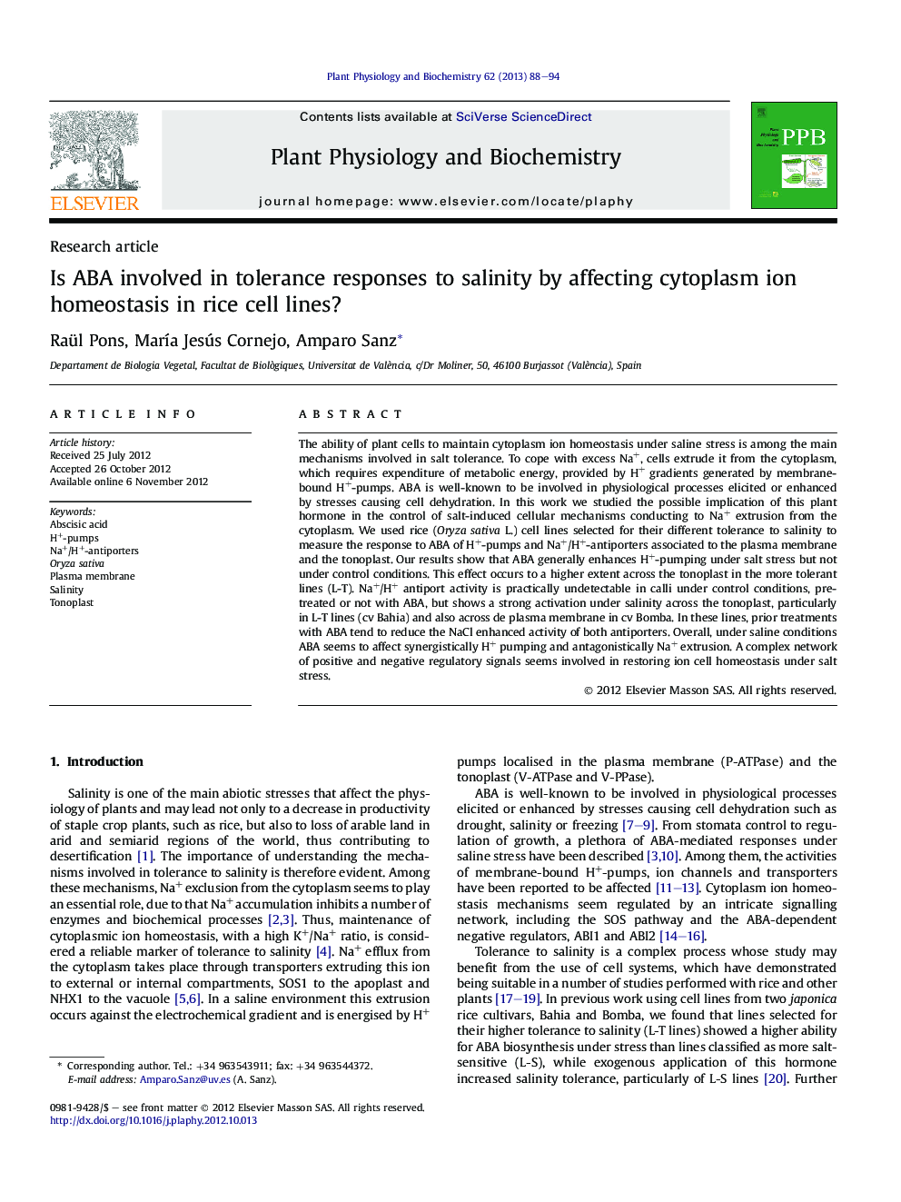 Is ABA involved in tolerance responses to salinity by affecting cytoplasm ion homeostasis in rice cell lines?