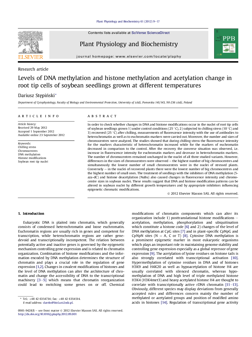 Levels of DNA methylation and histone methylation and acetylation change in root tip cells of soybean seedlings grown at different temperatures