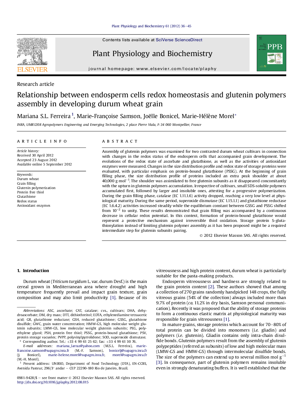 Relationship between endosperm cells redox homeostasis and glutenin polymers assembly in developing durum wheat grain