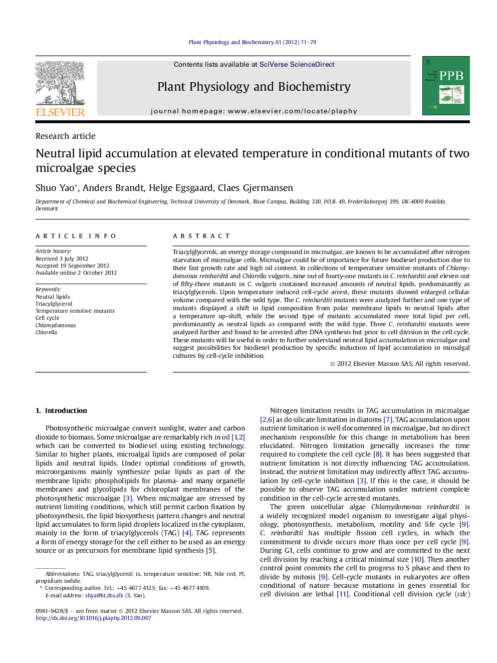 Neutral lipid accumulation at elevated temperature in conditional mutants of two microalgae species