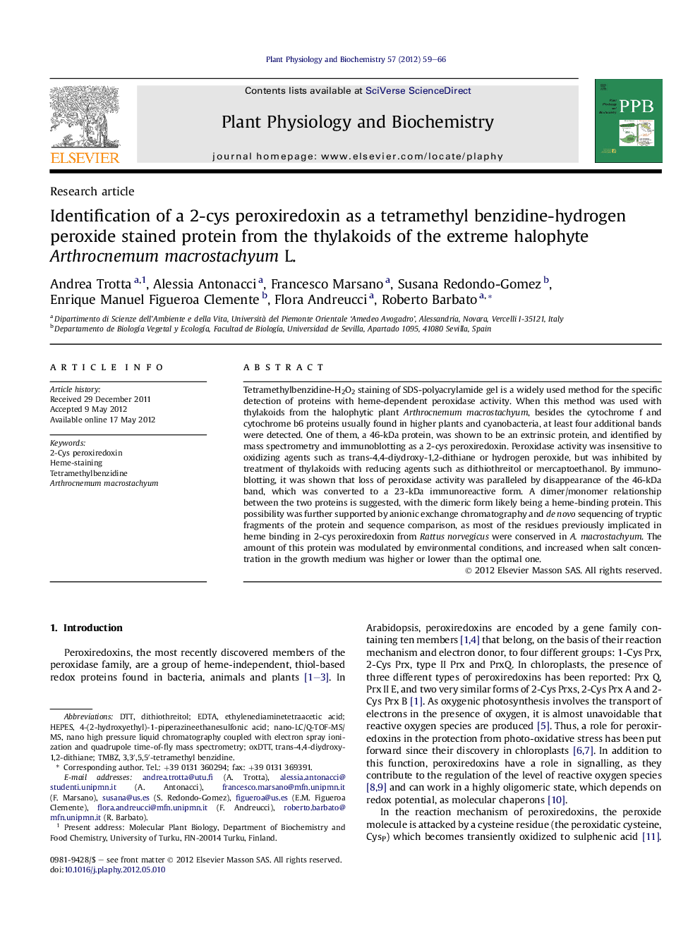 Identification of a 2-cys peroxiredoxin as a tetramethyl benzidine-hydrogen peroxide stained protein from the thylakoids of the extreme halophyte Arthrocnemum macrostachyum L.