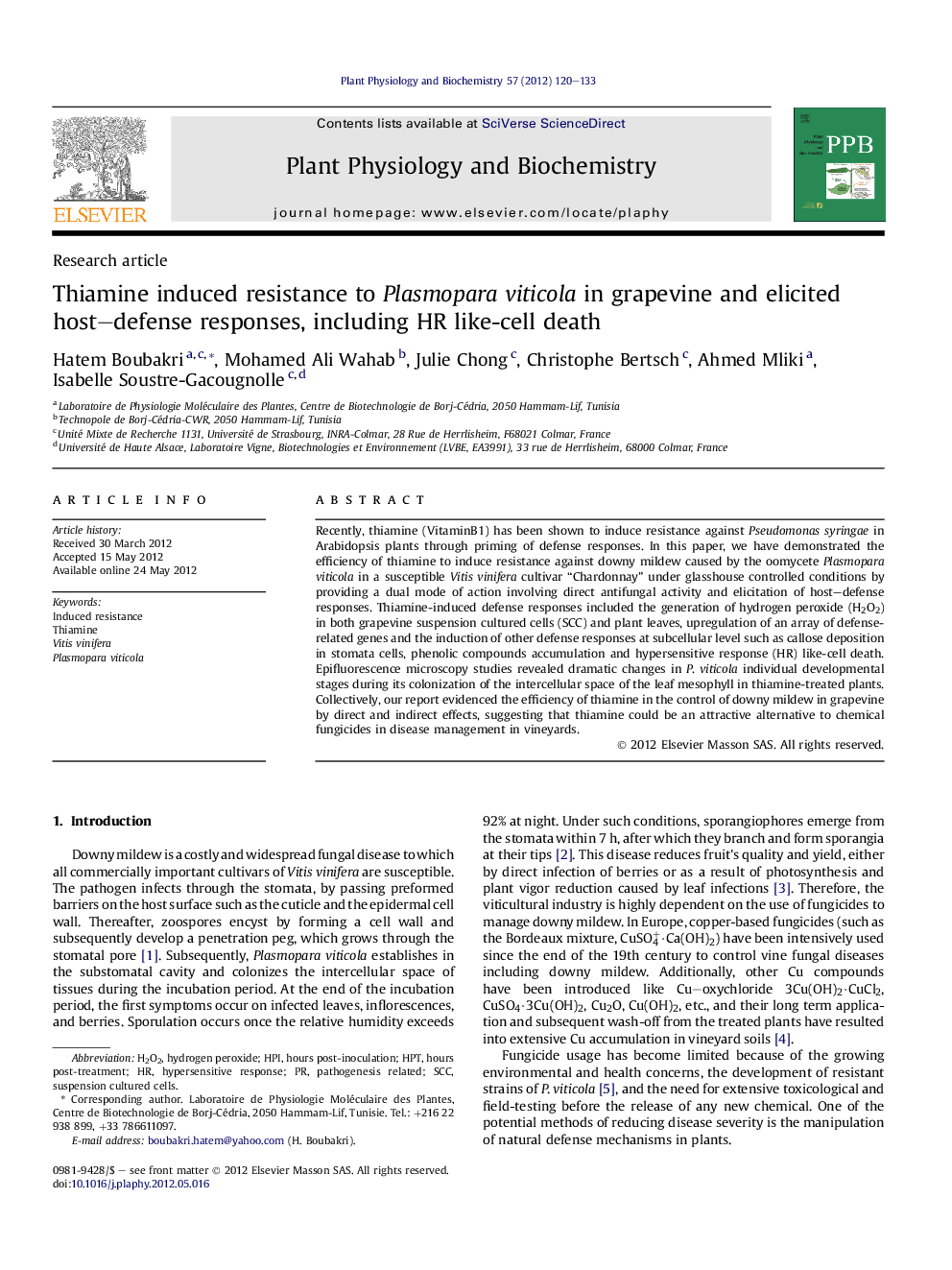 Thiamine induced resistance to Plasmopara viticola in grapevine and elicited host-defense responses, including HR like-cell death