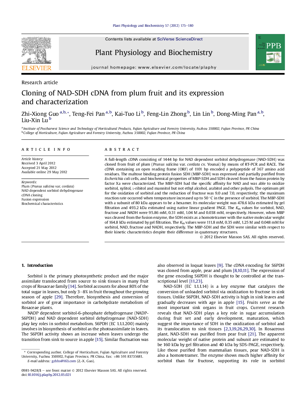 Cloning of NAD-SDH cDNA from plum fruit and its expression and characterization