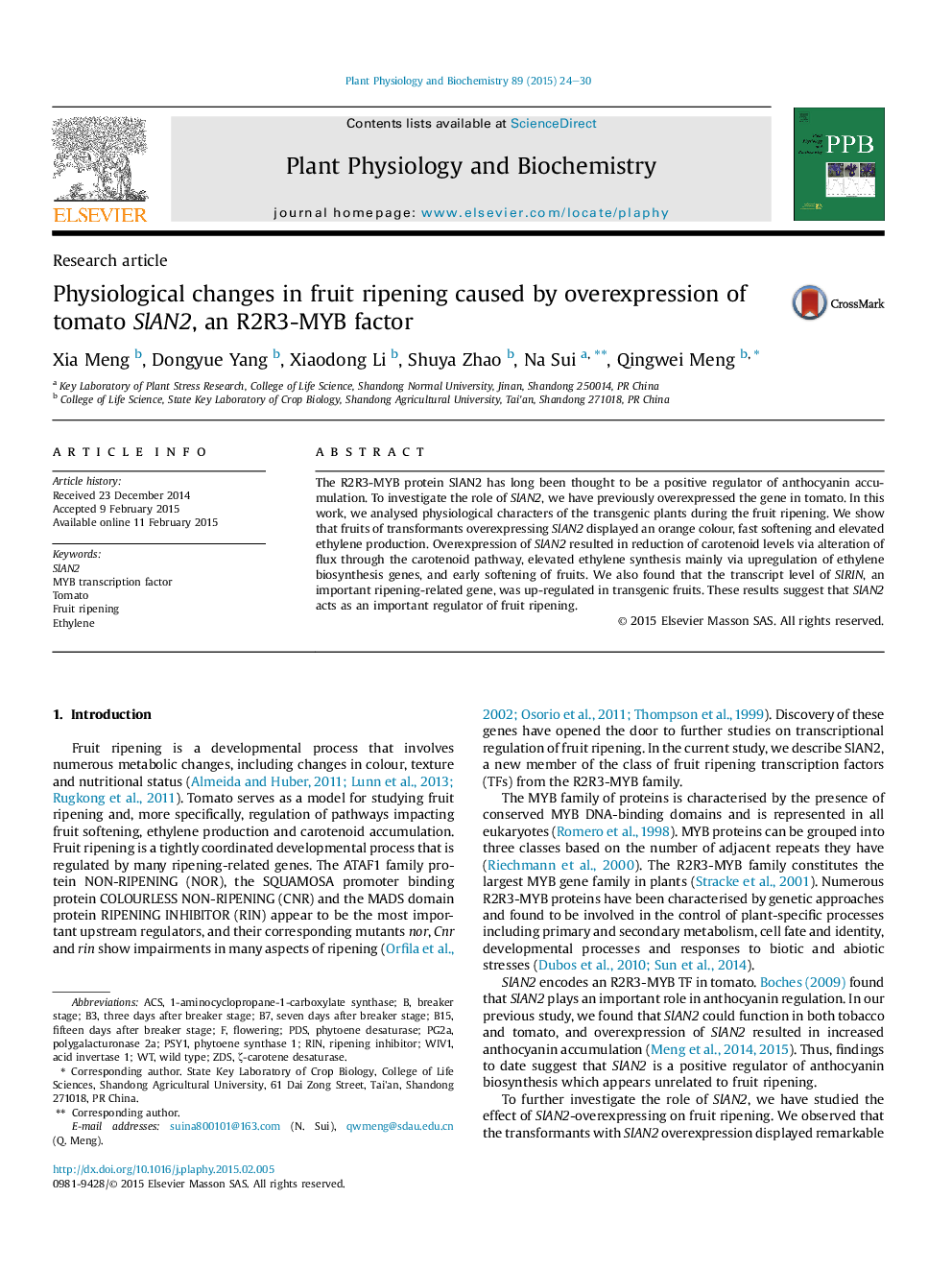 Physiological changes in fruit ripening caused by overexpression of tomato SlAN2, an R2R3-MYB factor