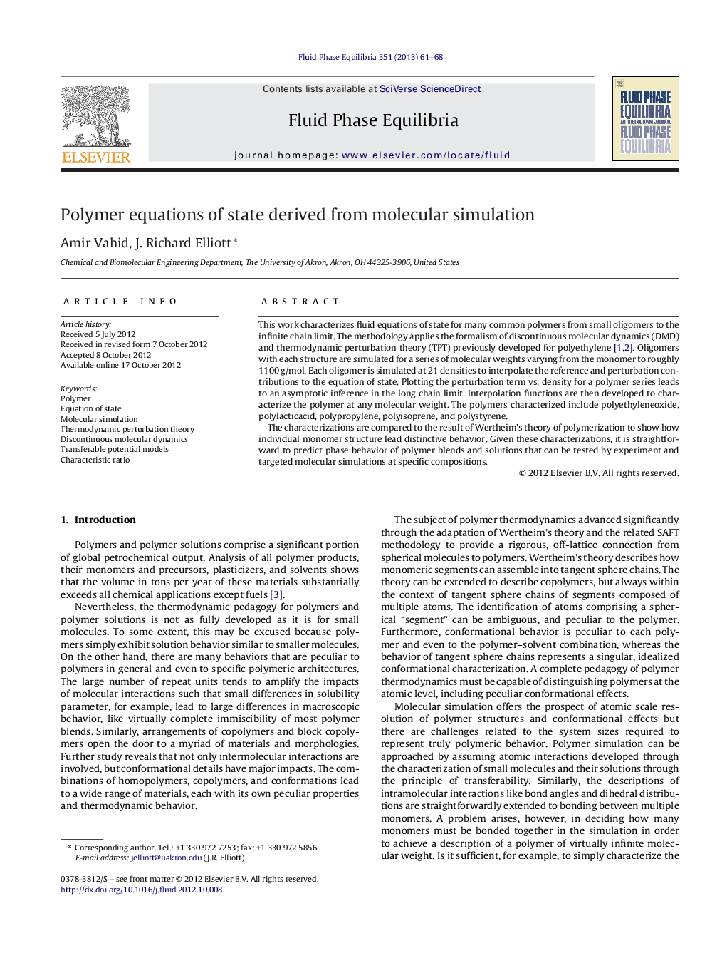 عکس صفحه اول مقاله: Polymer equations of state derived from molecular simulation Polymer equations of state derived from molecular simulation