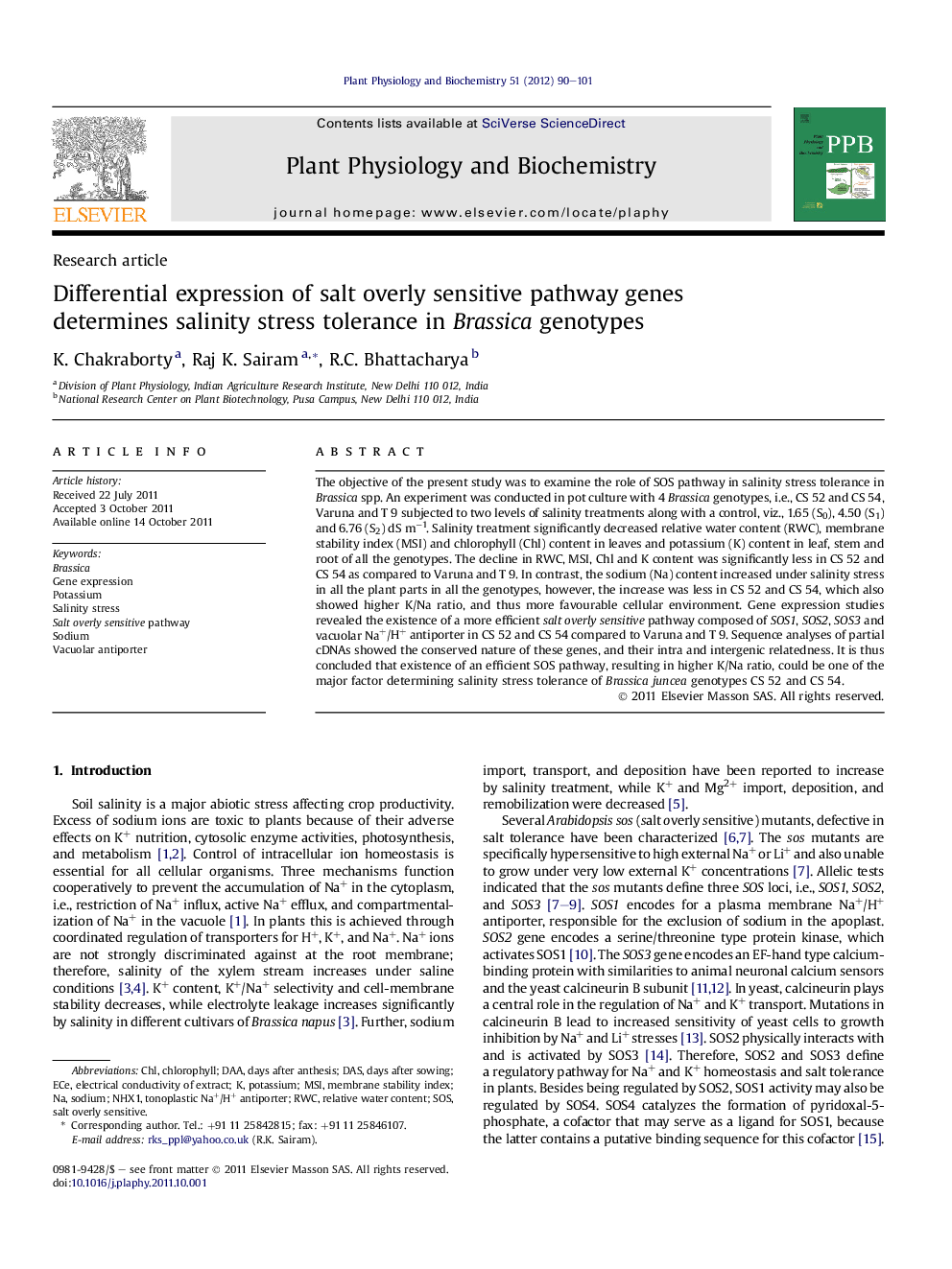 Differential expression of salt overly sensitive pathway genes determines salinity stress tolerance in Brassica genotypes