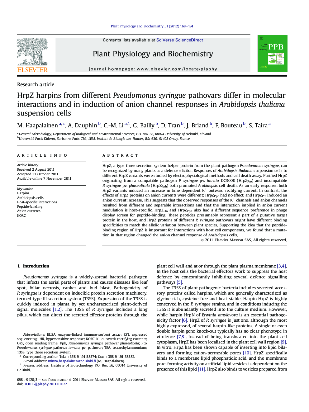 HrpZ harpins from different Pseudomonas syringae pathovars differ in molecular interactions and in induction of anion channel responses in Arabidopsis thaliana suspension cells