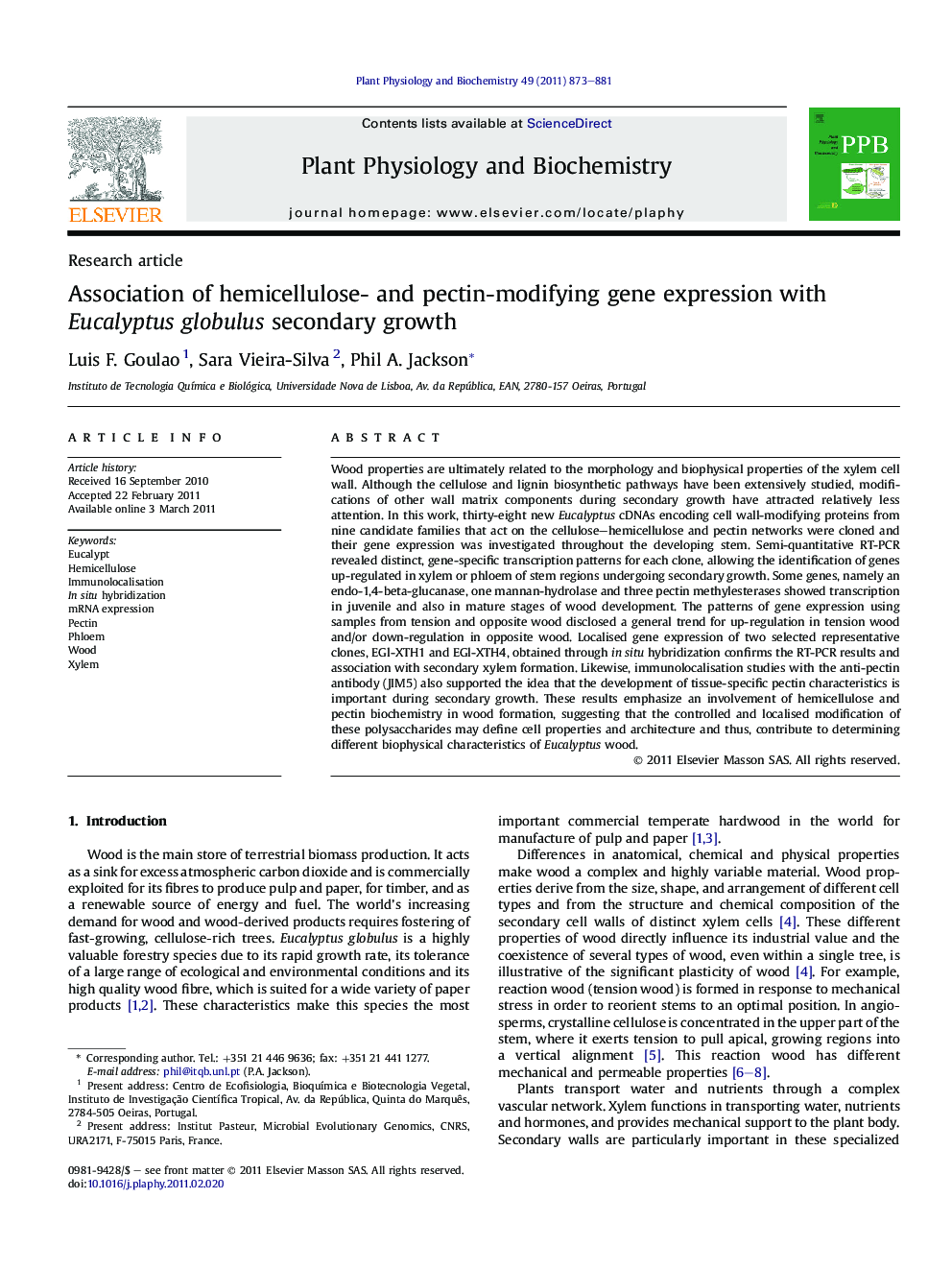 Association of hemicellulose- and pectin-modifying gene expression with Eucalyptus globulus secondary growth