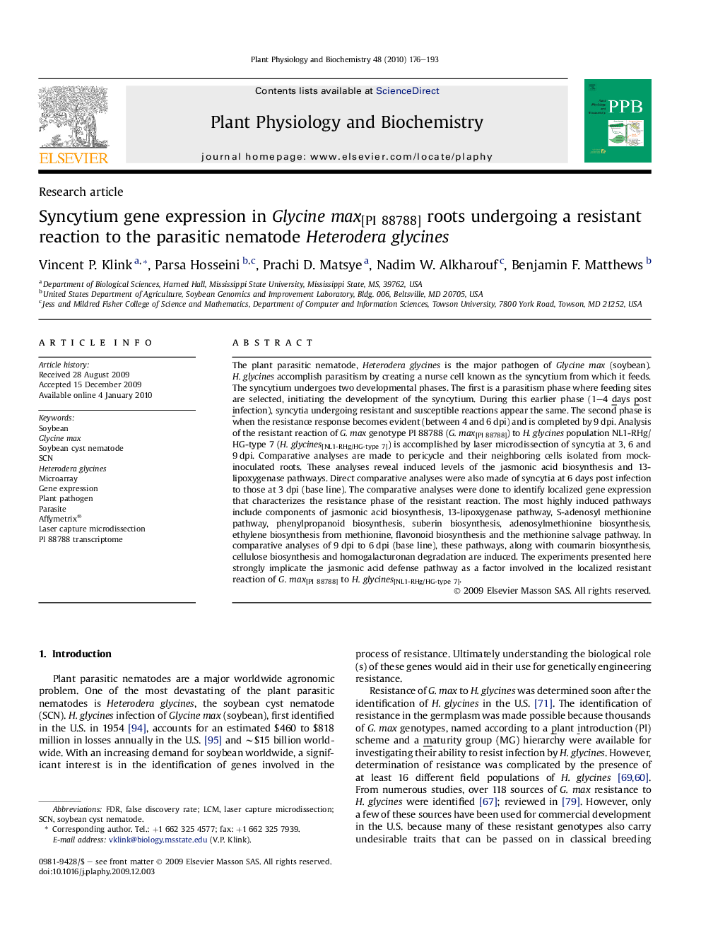 Syncytium gene expression in Glycine max[PI 88788] roots undergoing a resistant reaction to the parasitic nematode Heterodera glycines