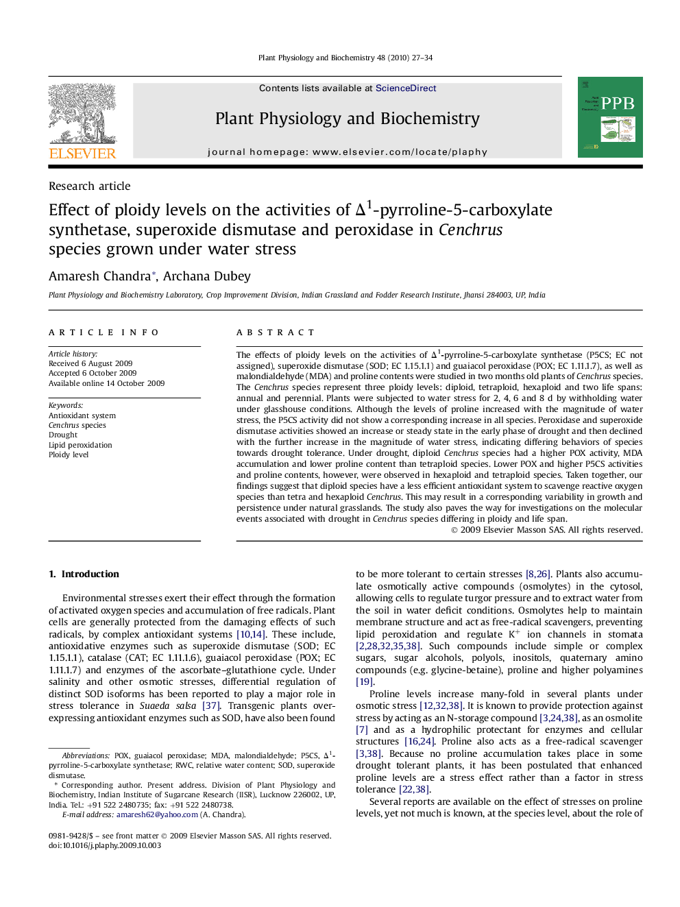 Effect of ploidy levels on the activities of Δ1-pyrroline-5-carboxylate synthetase, superoxide dismutase and peroxidase in Cenchrus species grown under water stress