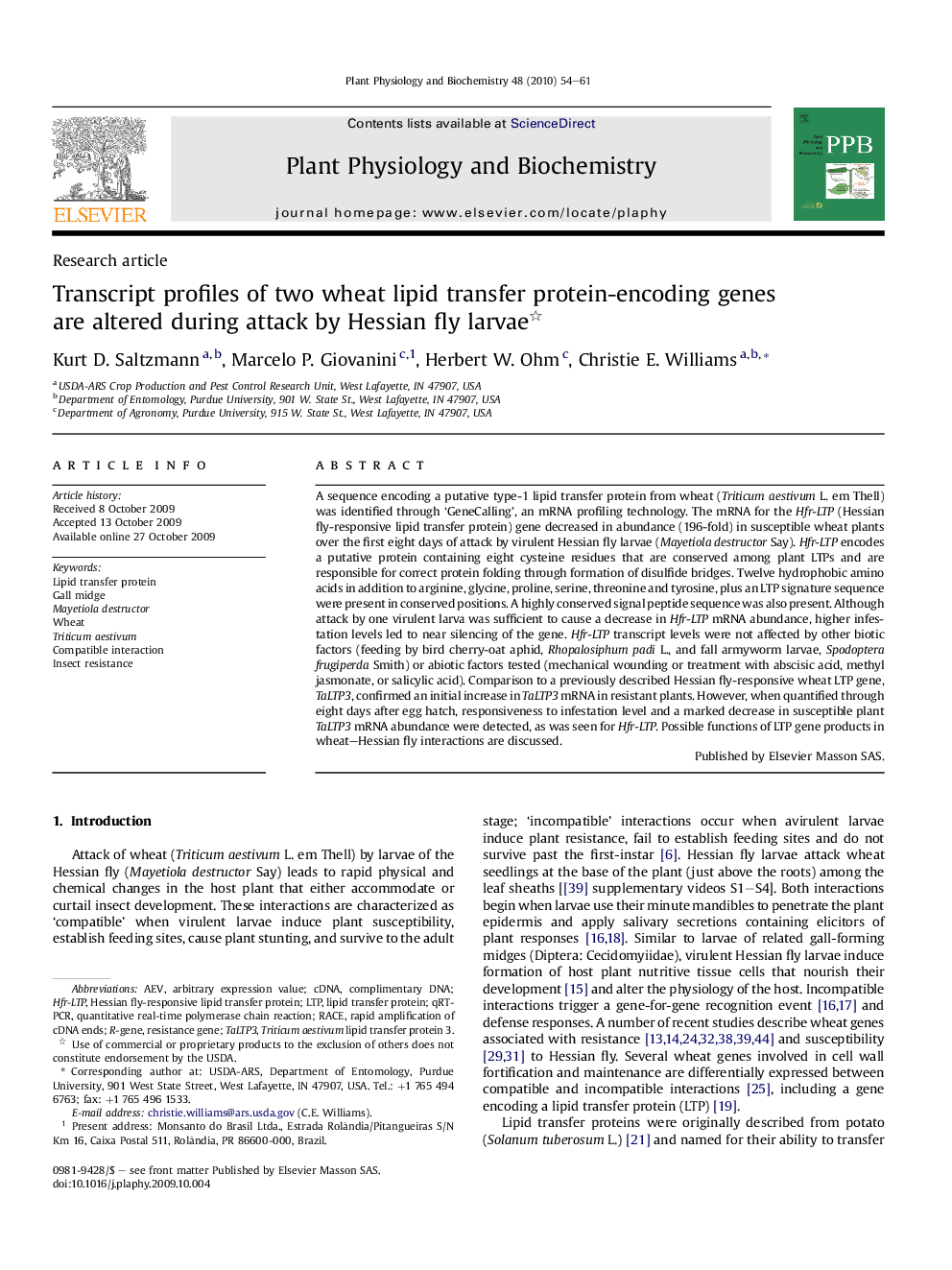 Transcript profiles of two wheat lipid transfer protein-encoding genes are altered during attack by Hessian fly larvae 