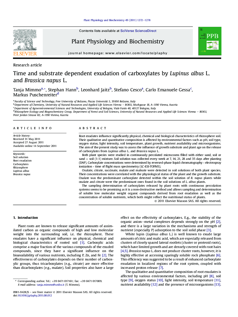 Time and substrate dependent exudation of carboxylates by Lupinus albus L. and Brassica napus L.