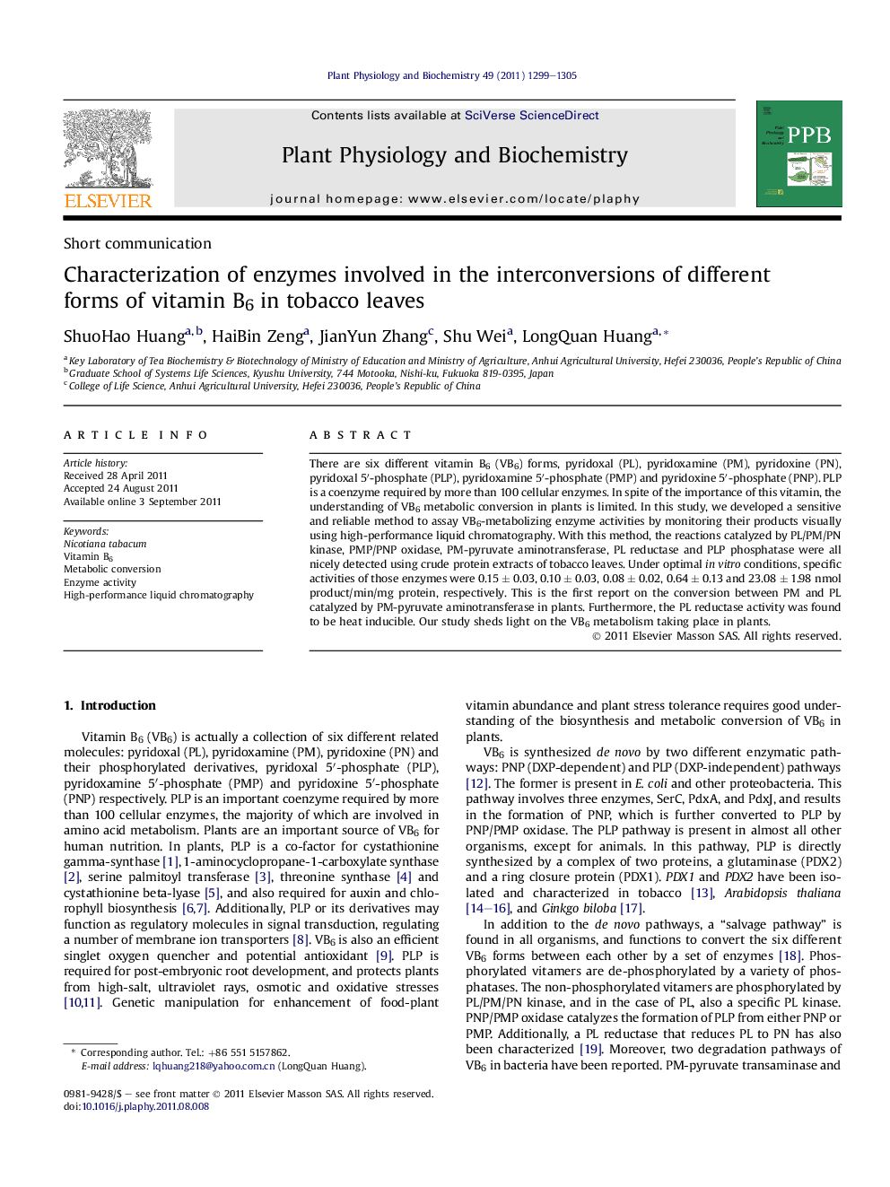 Characterization of enzymes involved in the interconversions of different forms of vitamin B6 in tobacco leaves