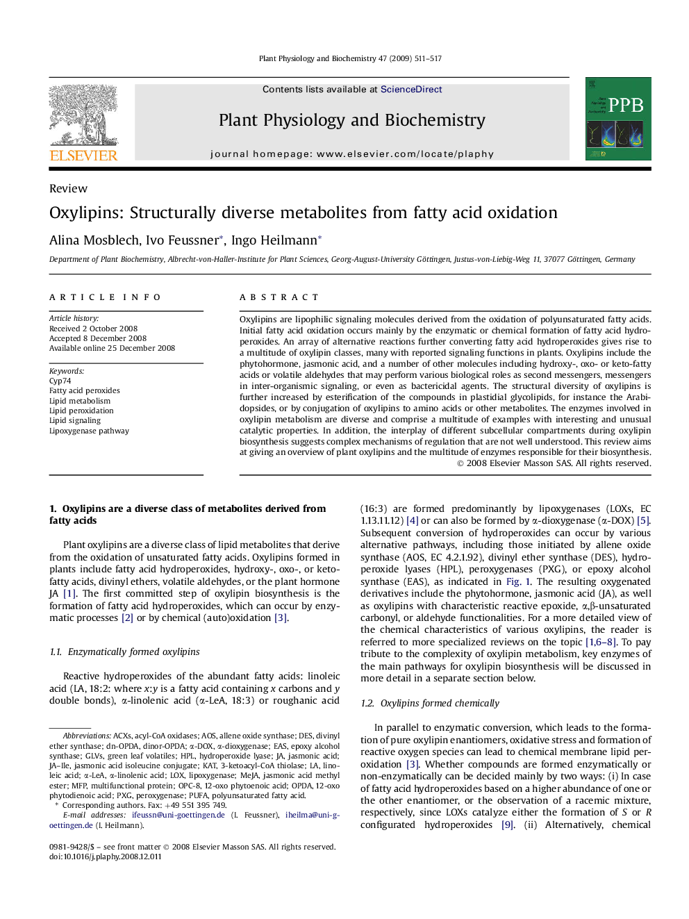 Oxylipins: Structurally diverse metabolites from fatty acid oxidation