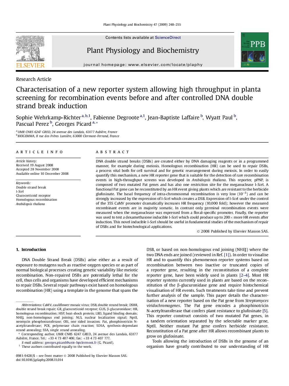 Characterisation of a new reporter system allowing high throughput in planta screening for recombination events before and after controlled DNA double strand break induction