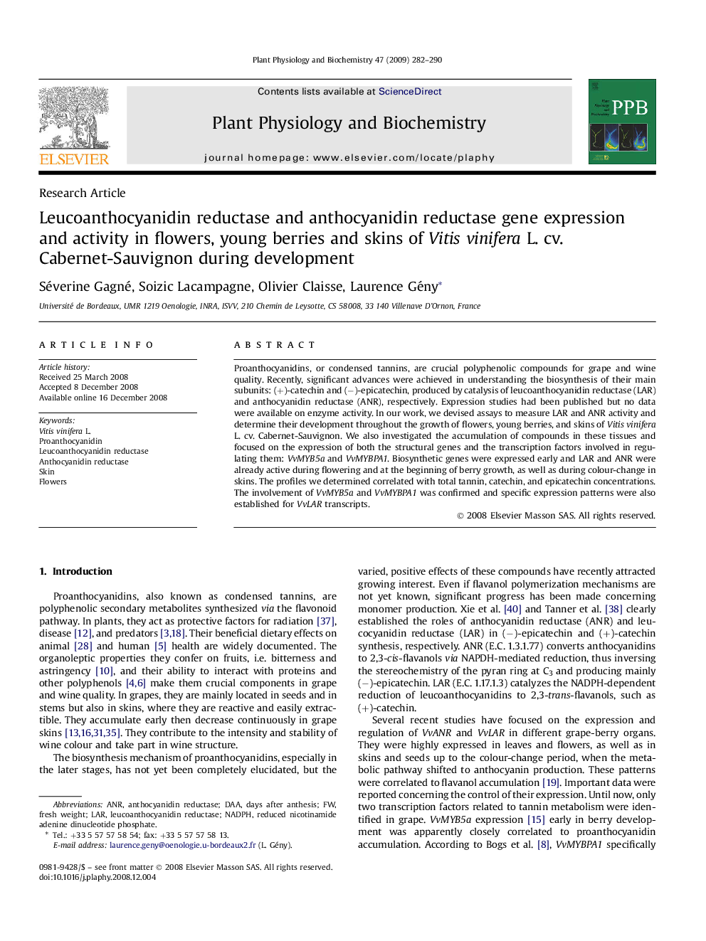 Leucoanthocyanidin reductase and anthocyanidin reductase gene expression and activity in flowers, young berries and skins of Vitis vinifera L. cv. Cabernet-Sauvignon during development