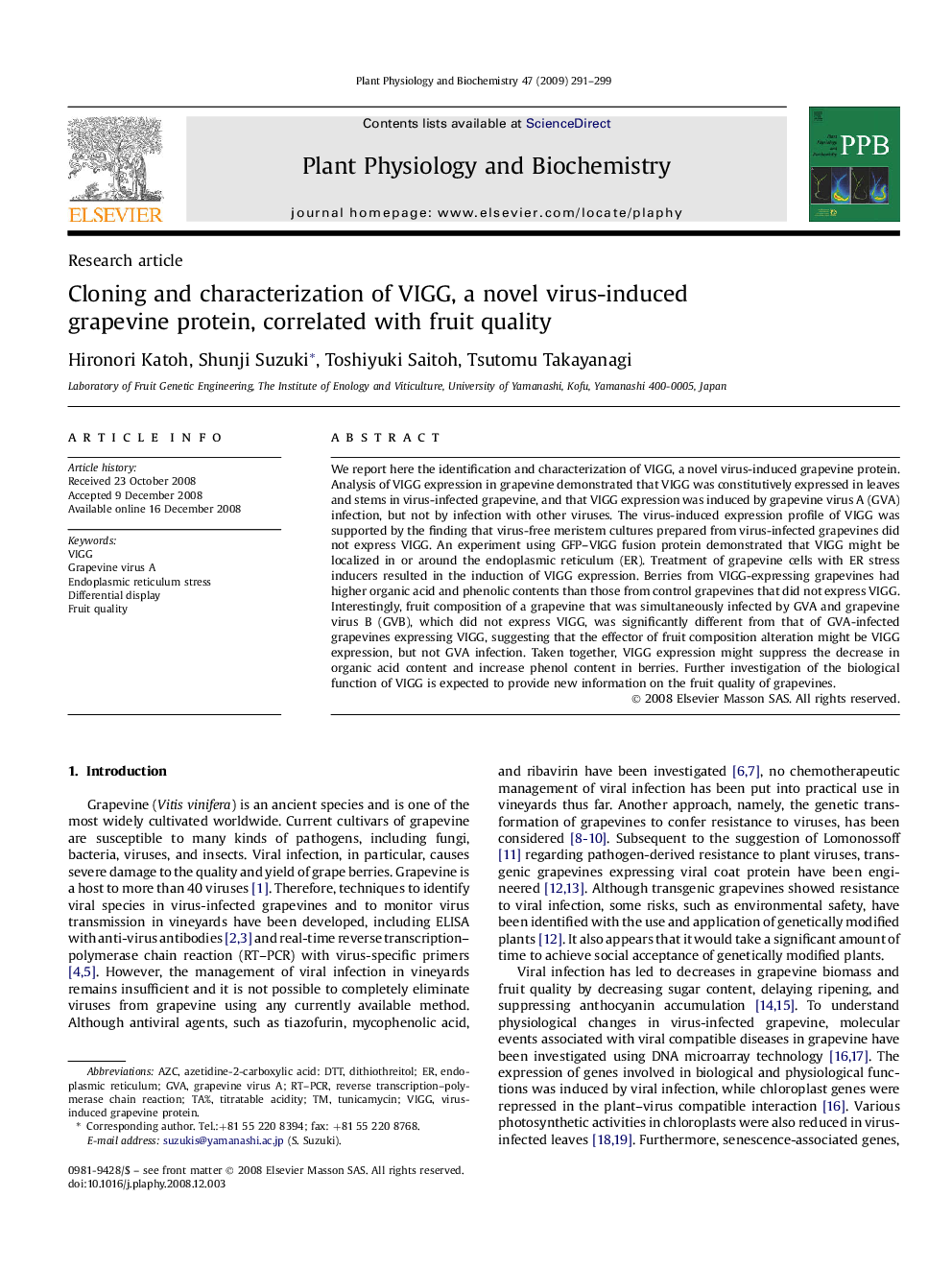 Cloning and characterization of VIGG, a novel virus-induced grapevine protein, correlated with fruit quality