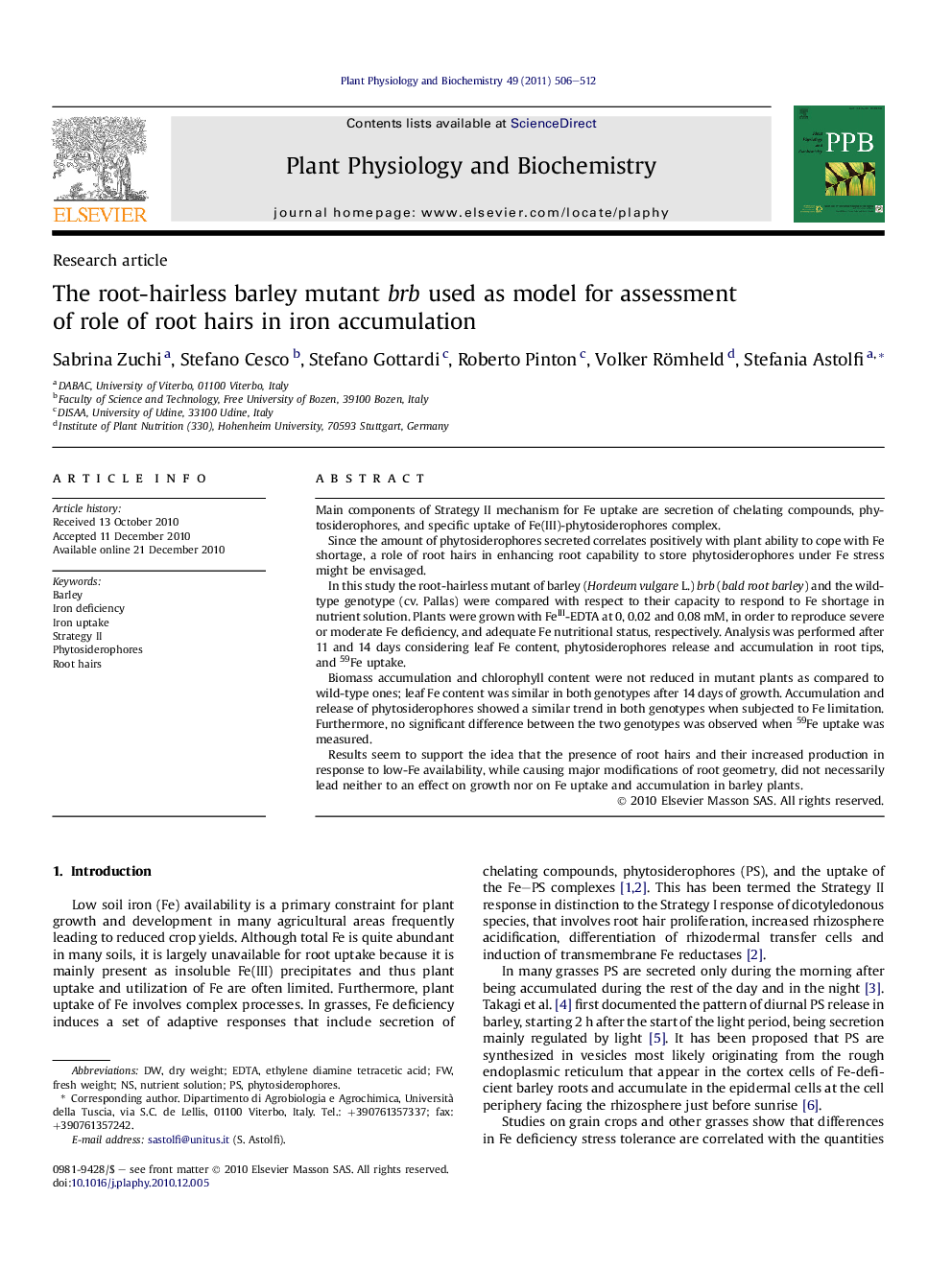 The root-hairless barley mutant brb used as model for assessment of role of root hairs in iron accumulation