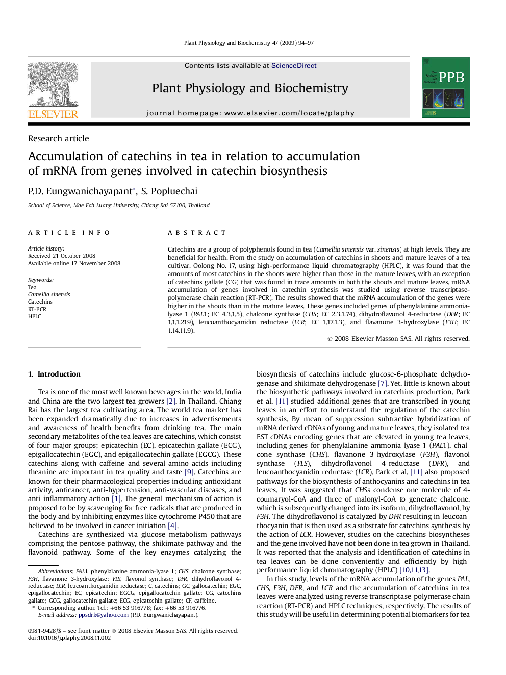 Accumulation of catechins in tea in relation to accumulation of mRNA from genes involved in catechin biosynthesis