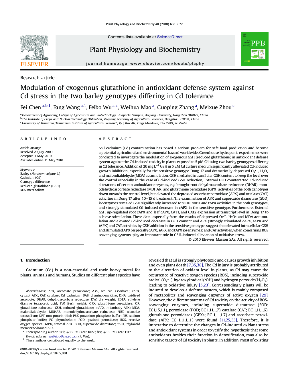 Modulation of exogenous glutathione in antioxidant defense system against Cd stress in the two barley genotypes differing in Cd tolerance