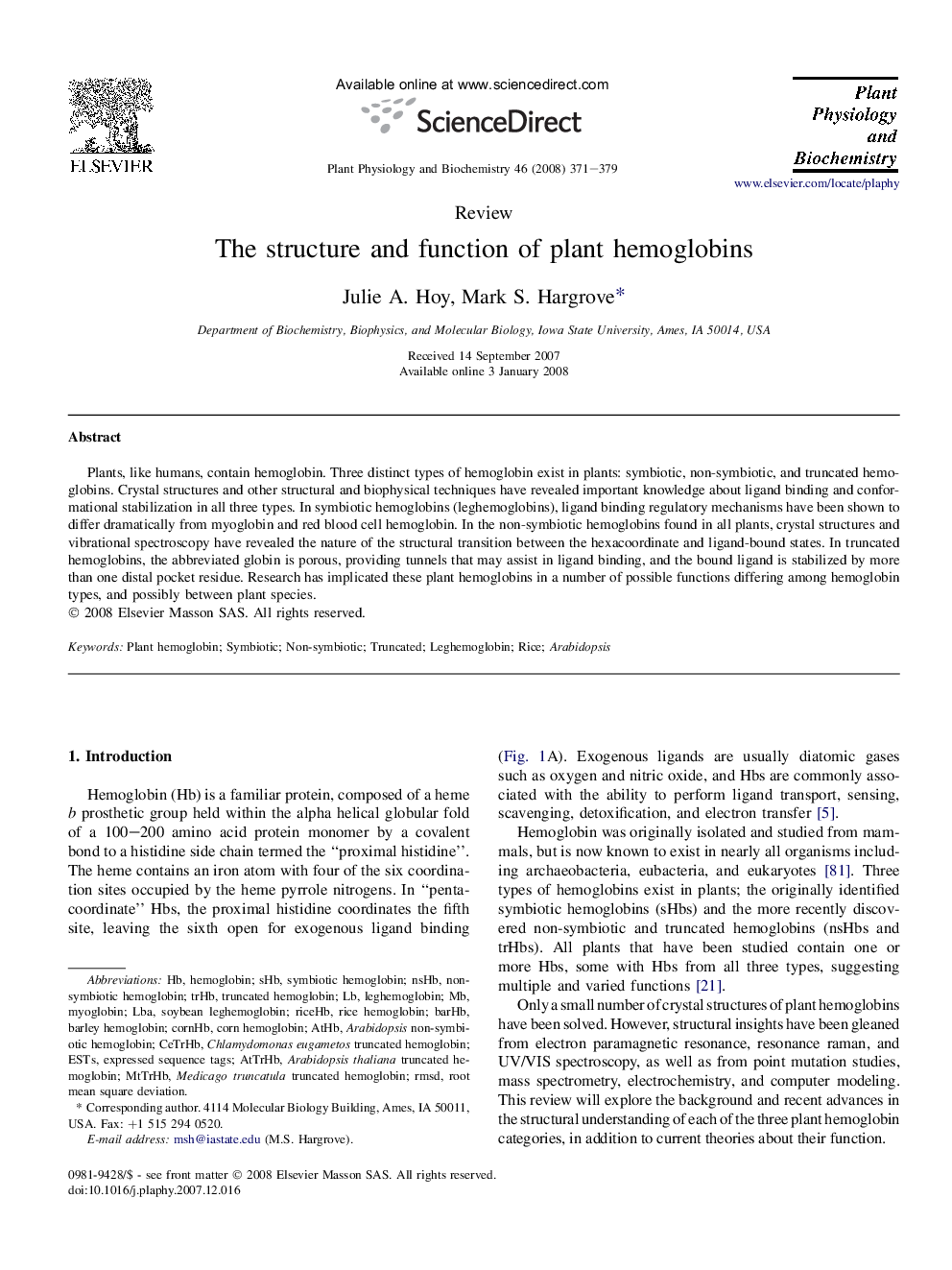 The structure and function of plant hemoglobins