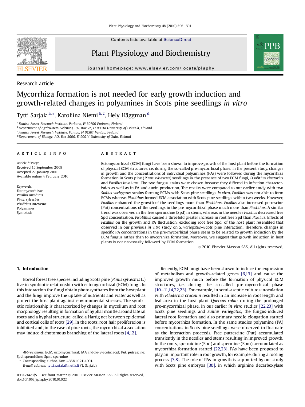 Mycorrhiza formation is not needed for early growth induction and growth-related changes in polyamines in Scots pine seedlings in vitro