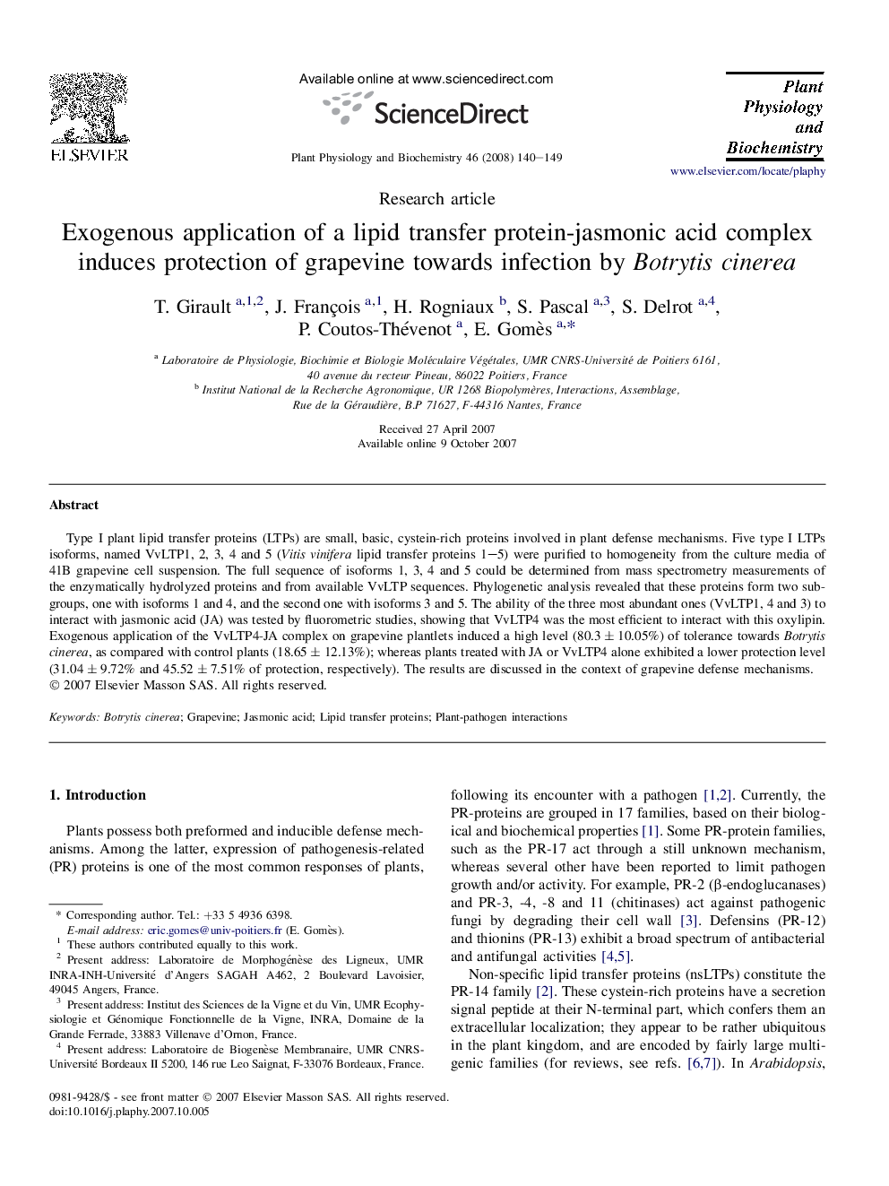 Exogenous application of a lipid transfer protein-jasmonic acid complex induces protection of grapevine towards infection by Botrytis cinerea