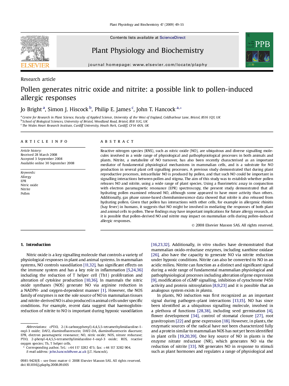 Pollen generates nitric oxide and nitrite: a possible link to pollen-induced allergic responses