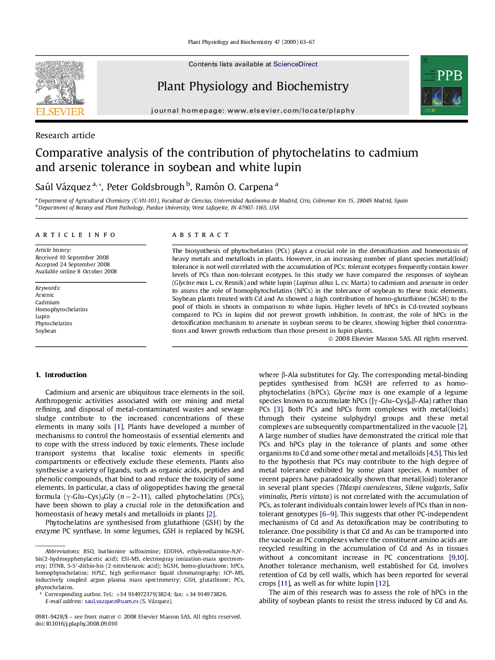 Comparative analysis of the contribution of phytochelatins to cadmium and arsenic tolerance in soybean and white lupin