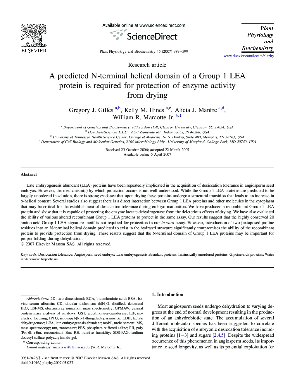 A predicted N-terminal helical domain of a Group 1 LEA protein is required for protection of enzyme activity from drying