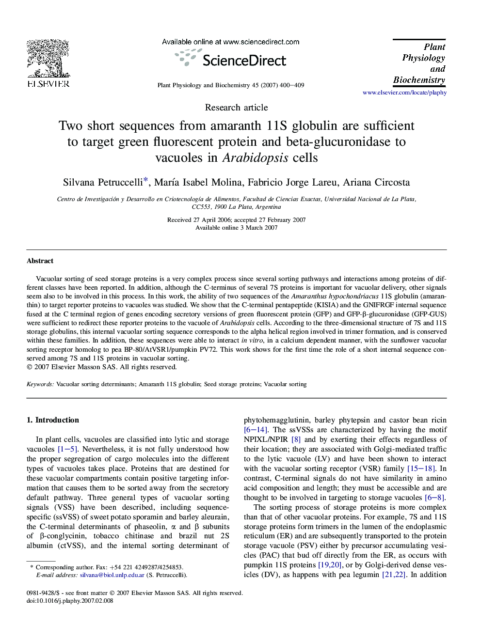 Two short sequences from amaranth 11S globulin are sufficient to target green fluorescent protein and beta-glucuronidase to vacuoles in Arabidopsis cells