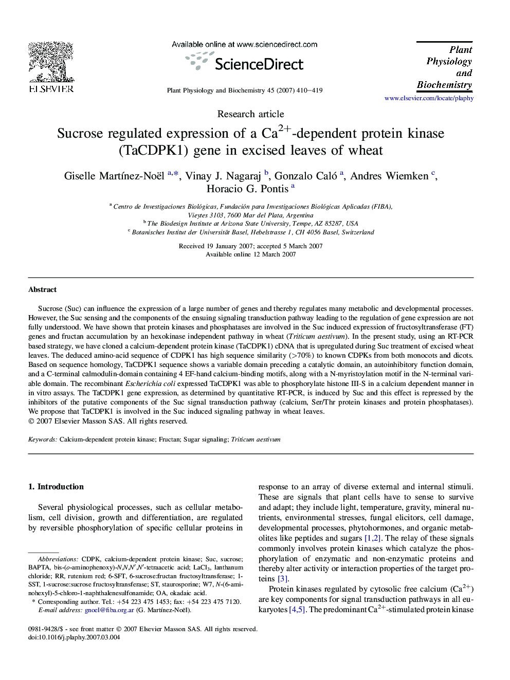 Sucrose regulated expression of a Ca2+-dependent protein kinase (TaCDPK1) gene in excised leaves of wheat