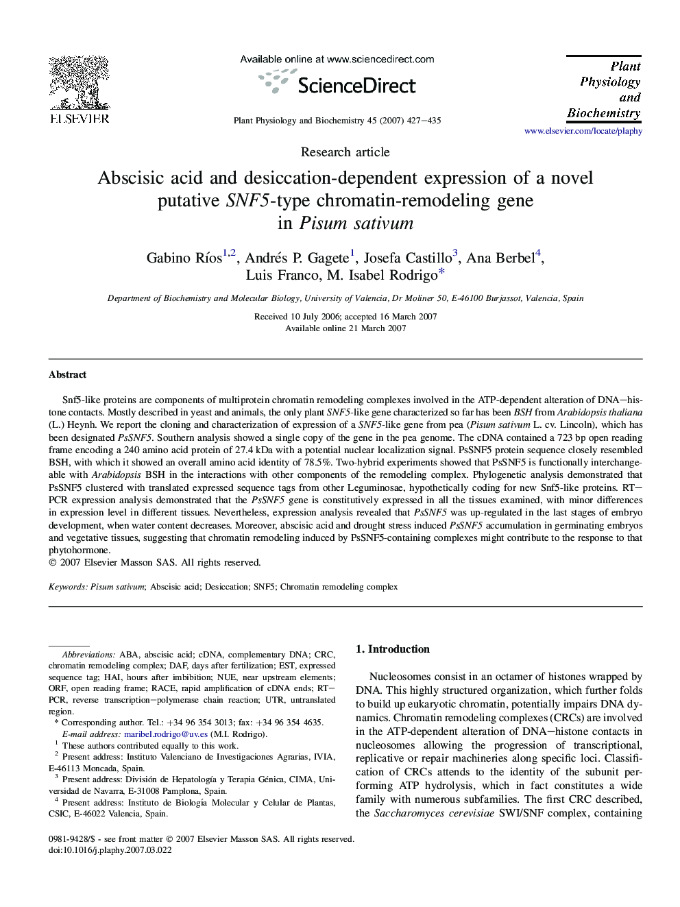 Abscisic acid and desiccation-dependent expression of a novel putative SNF5-type chromatin-remodeling gene in Pisum sativum