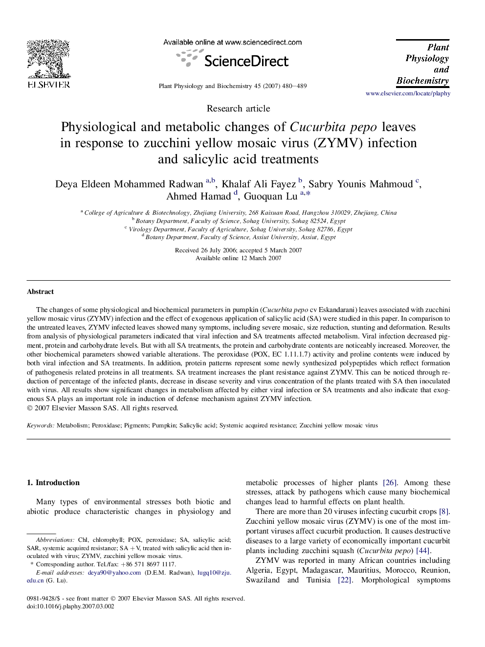 Physiological and metabolic changes of Cucurbita pepo leaves in response to zucchini yellow mosaic virus (ZYMV) infection and salicylic acid treatments