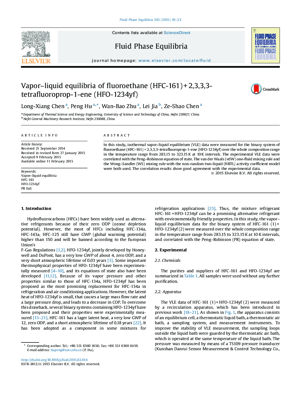 Vapor–liquid equilibria of fluoroethane (HFC-161) + 2,3,3,3-tetrafluoroprop-1-ene (HFO-1234yf)